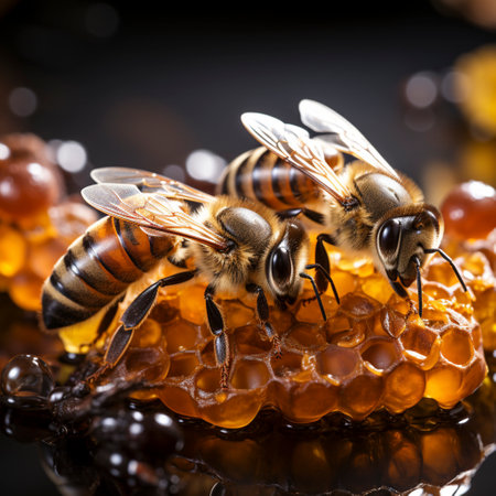 Honey bees sit on a honeycomb, AI generatedの素材