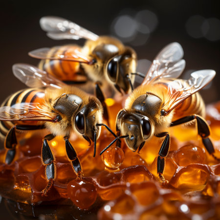 Honey bees sit on a honeycomb, AI generatedの素材