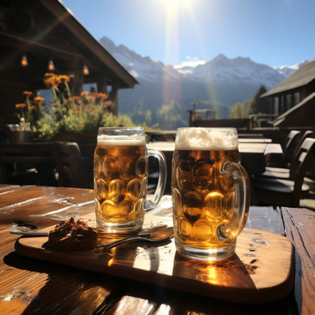 Beer and snacks in an alpine hut in the mountains, Ai generatedの素材