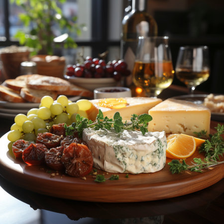 Generated cheese with red wine grapes and sausage on a wooden table in Tuscany, Aiの素材