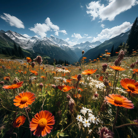 Mountain landscape with a green meadow and lots of flowers, mountains in the background, AI generatedの素材