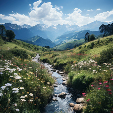 Mountain landscape with a green meadow and lots of flowers, mountains in the background, AI generatedの素材