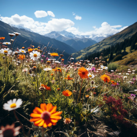 Mountain landscape with a green meadow and lots of flowers, mountains in the background, AI generatedの素材