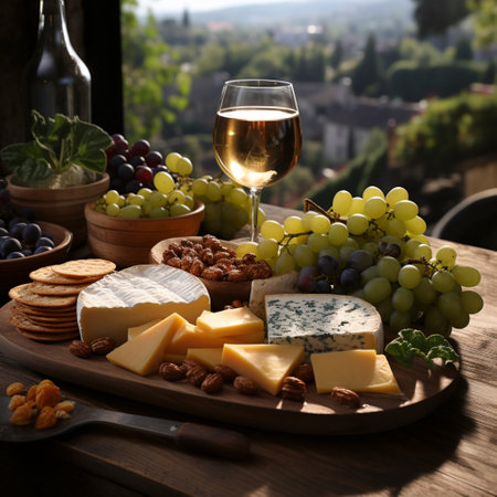 Generated cheese with red wine grapes and sausage on a wooden table in Tuscany, Aiの素材
