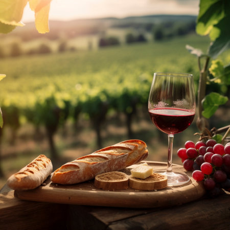 Generated cheese with red wine grapes and sausage on a wooden table in Tuscany, Aiの素材