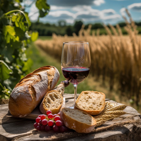 Generated cheese with red wine grapes and sausage on a wooden table in Tuscany, Aiの素材