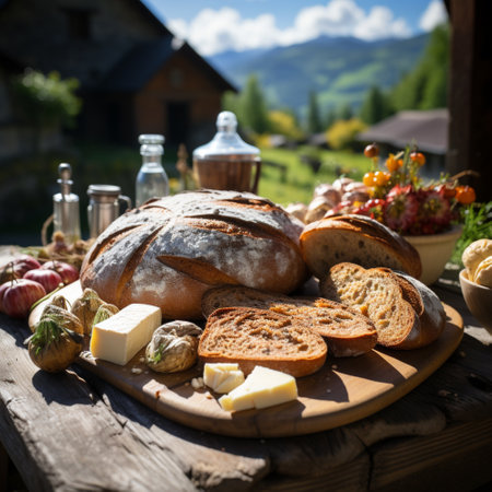 Farmhouse bread in a rustic setting, AI generatedの素材