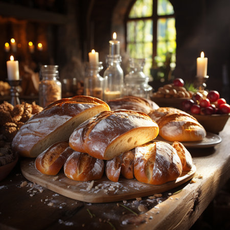 Farmhouse bread in a rustic setting, AI generatedの素材