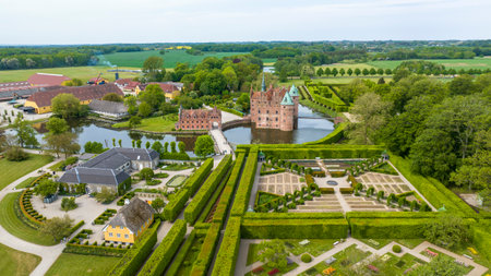 Aerial view, Denmark, Region Syddanmark, KvÃ¦rndrup, Egeskov Castle with park, Renaissance gardenのeditorial素材