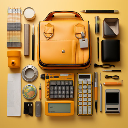 Business trip , travel bag, calculator, files, pens and work utensils, passport, ai generatedの素材