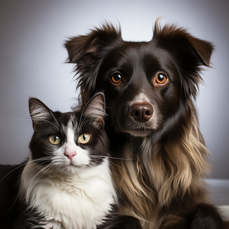 Dog and cat are sitting peacefully next to each other on a sofa and are looking at the camera, AI generatedの素材