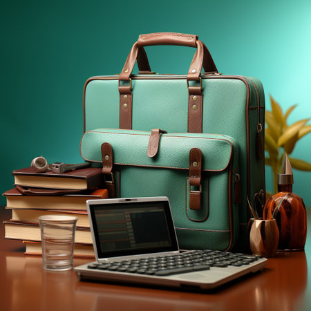 Business trip , travel bag, calculator, files, pens and work utensils, passport, ai generatedの素材