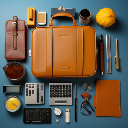 Business trip , travel bag, calculator, files, pens and work utensils, passport, ai generatedの素材