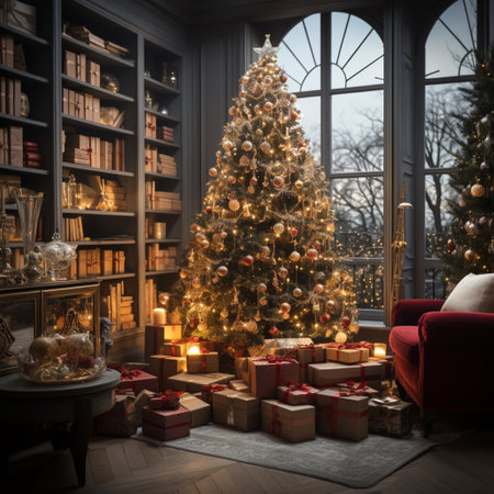 Christmas, children and family celebrate Christmas with gifts under a Christmas tree, ai generatedの素材