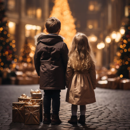 Christmas, children and family celebrate Christmas with gifts under a Christmas tree, ai generatedの素材