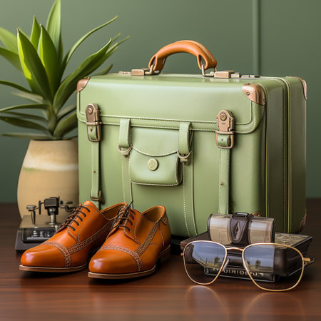 Travel preparation of a man with a suitcase, clothes, utensils, passport, shoes, sunglasses, ai generatedの素材