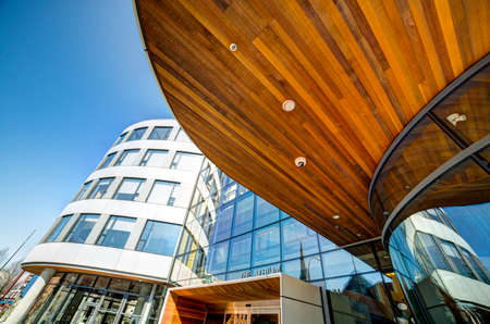 looking up at a modern building entrance, The Atrium, Victoria, British Columbia, Canadaのeditorial素材