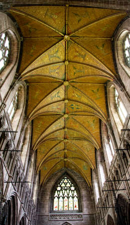 detail of ornate gold ceiling in a medieval cathedral, Chester, UKのeditorial素材