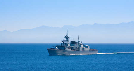 Canadian Navy destroyer in Juan de Fuca Strait near Esquimalt, Victoria, Vancouver Island, British Columbiaのeditorial素材