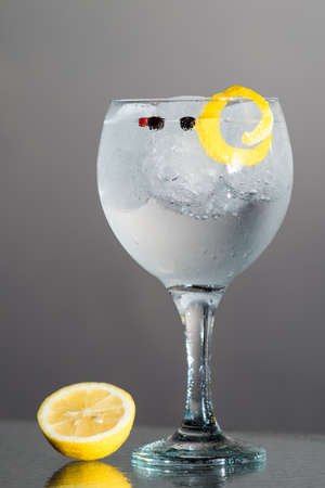 Gin Tonic with lemon and botanics in a balloon glass on grey background.の写真素材