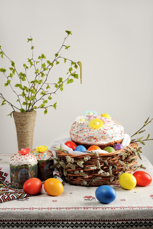 Traditional Russian-Orthodox Easter (Paschal) food: Easter bread and painted eggs