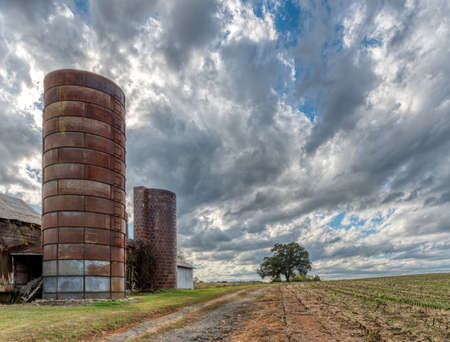 Barn with two silos on a farm under a stormy sky with a tree in the background in North Carolinaの写真素材