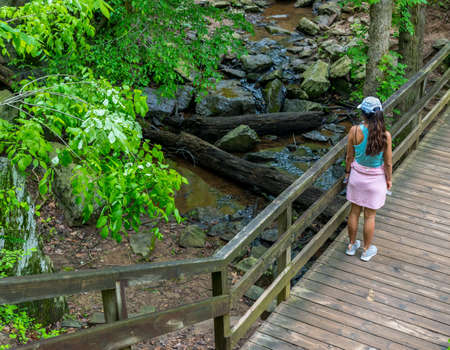 Middle Age woman with pink sweater standing on wooden bridge on trail in National Parkの写真素材