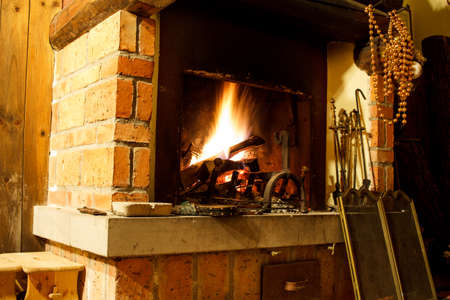 Warm fireplace in winter timeの写真素材