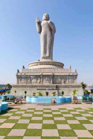Buddha statue in the Hussain Sagar, Hyderabad in Indiaの写真素材
