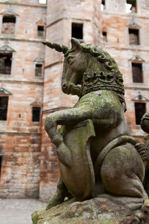 Linlithgow Palace in Scotland, detail of the fountain in the inner courtyard. Scotland. Black and White photograph.の写真素材