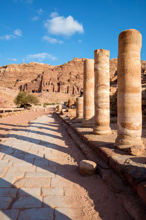 The Colonnaded street of Petra against ancient Nabataean tombs - Jordanの写真素材