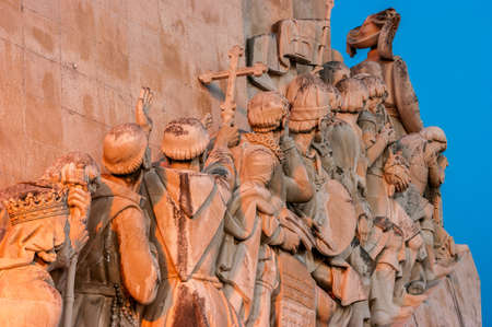 At sunset detail of the Monument of the Discoveries in the district of Belem in Lisbon, the capital city of Portugalの写真素材