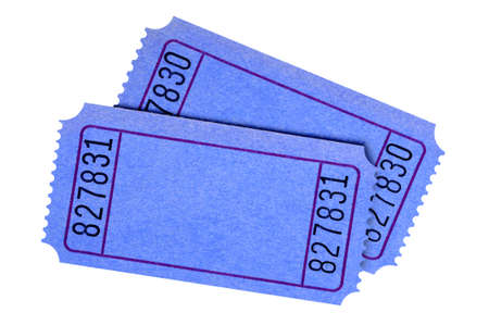 Pair of blank blue tickets isolated on white background.の写真素材