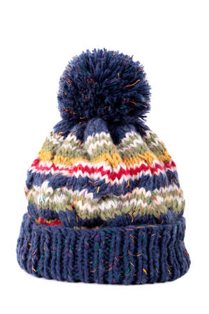 Blue bobble hat isolated against a white backgroundの写真素材