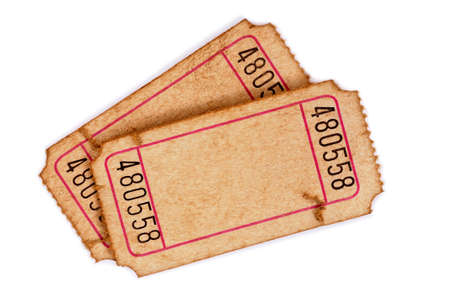 Pair of old stained and torn blank admission tickets on a white background.の写真素材