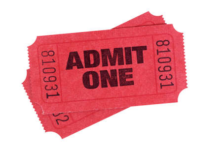 Red admit one tickets isolated on a white background.