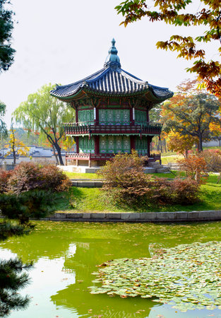 Famous pagoda and lake in the gardens of Gyeongbok Palace in Seoul, South Koreaのeditorial素材
