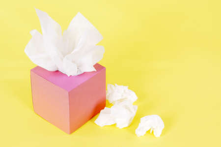 Paper tissues in blank pink box on a yellow background.