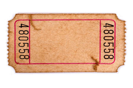 Old torn blank movie or raffle ticket isolated on a white background.の写真素材