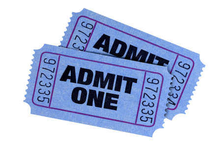 Two blue admit one tickets isolated on a white background.の写真素材