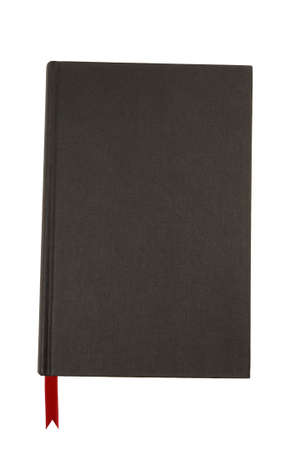Plain black hardback book with red ribbon bookmark isolated against a white background.の写真素材