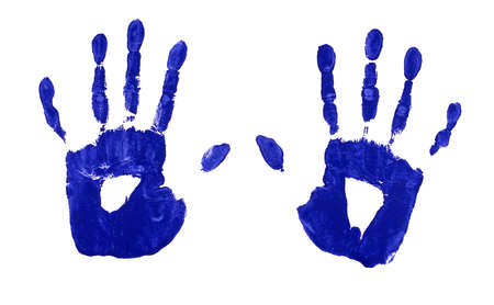 Female or child handprints made from blue acrylic paint on white paper