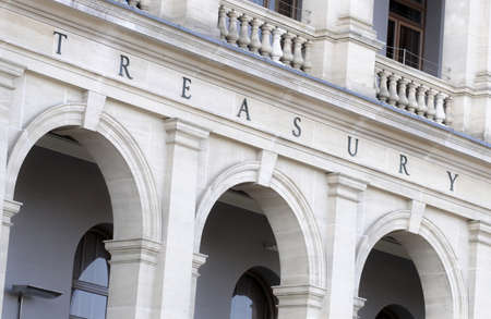 Treasury sign on Victorian stone buildingの写真素材