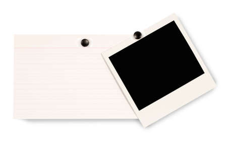 Blank instant camera photo print and white office index card isolated on a white background. Space for copy.の写真素材