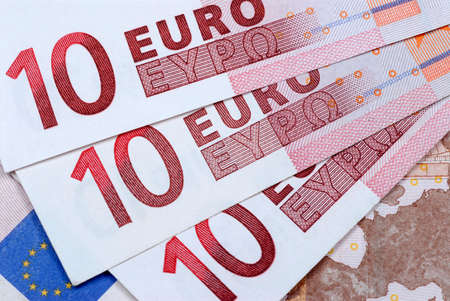 Detail of several euro 10 notesの写真素材