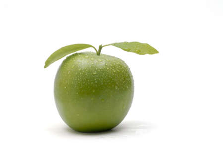 Green apple with leaves and water dropsの写真素材