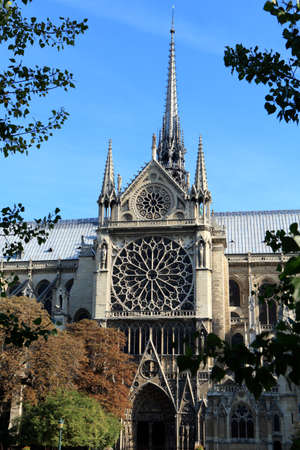 Side entrance and distinctive rose windows of the famous Notre Dame cathedral in Paris bathed in...