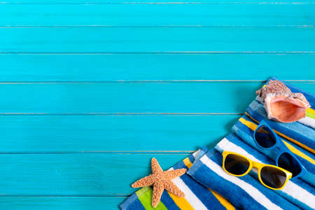 Summer beach background border blue decking copy spaceの写真素材