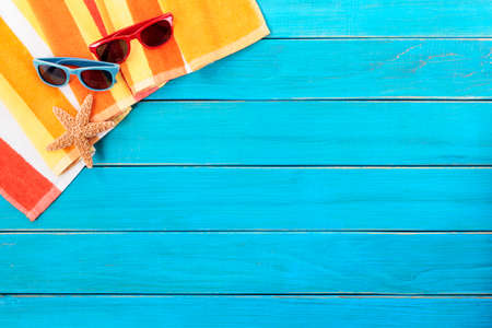 Summer beach background, sunglasses, starfish, copy spaceの写真素材