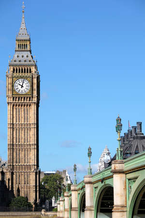 Big Ben clock tower and Westminster Bridge viewed from the south bank of the River Thames.  Deep...